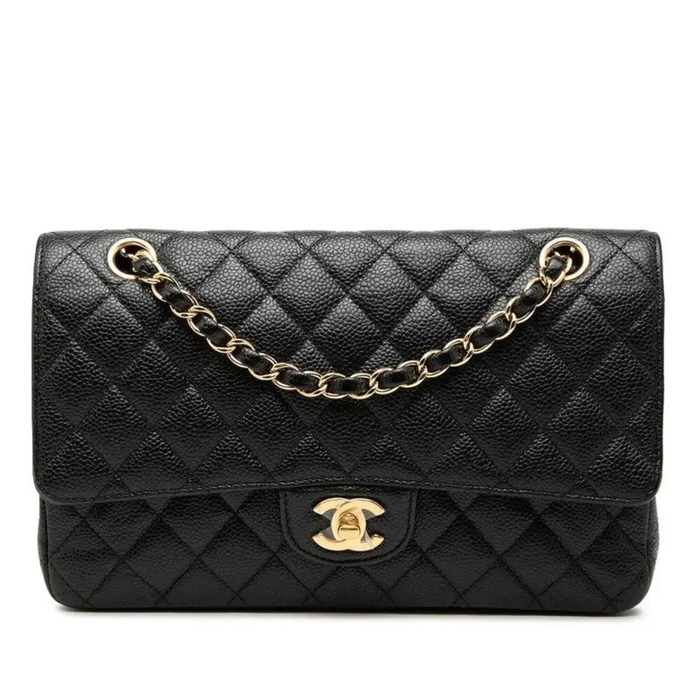 Chanel Coco Mark Caviar Skin Matelasse 25 Double Flap Chain Shoulder Bag Black